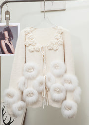 Lantern Red V Neck Floral Tie Waist Mink Hair Knitted Cardigan Long Sleeve