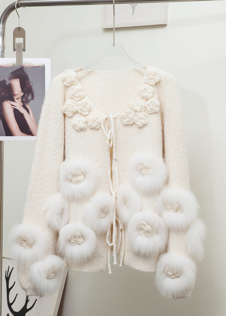 Lantern Red V Neck Floral Tie Waist Mink Hair Knitted Cardigan Long Sleeve