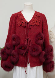 Lantern Red V Neck Floral Tie Waist Mink Hair Knitted Cardigan Long Sleeve