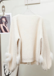 Lantern Red V Neck Floral Tie Waist Mink Hair Knitted Cardigan Long Sleeve