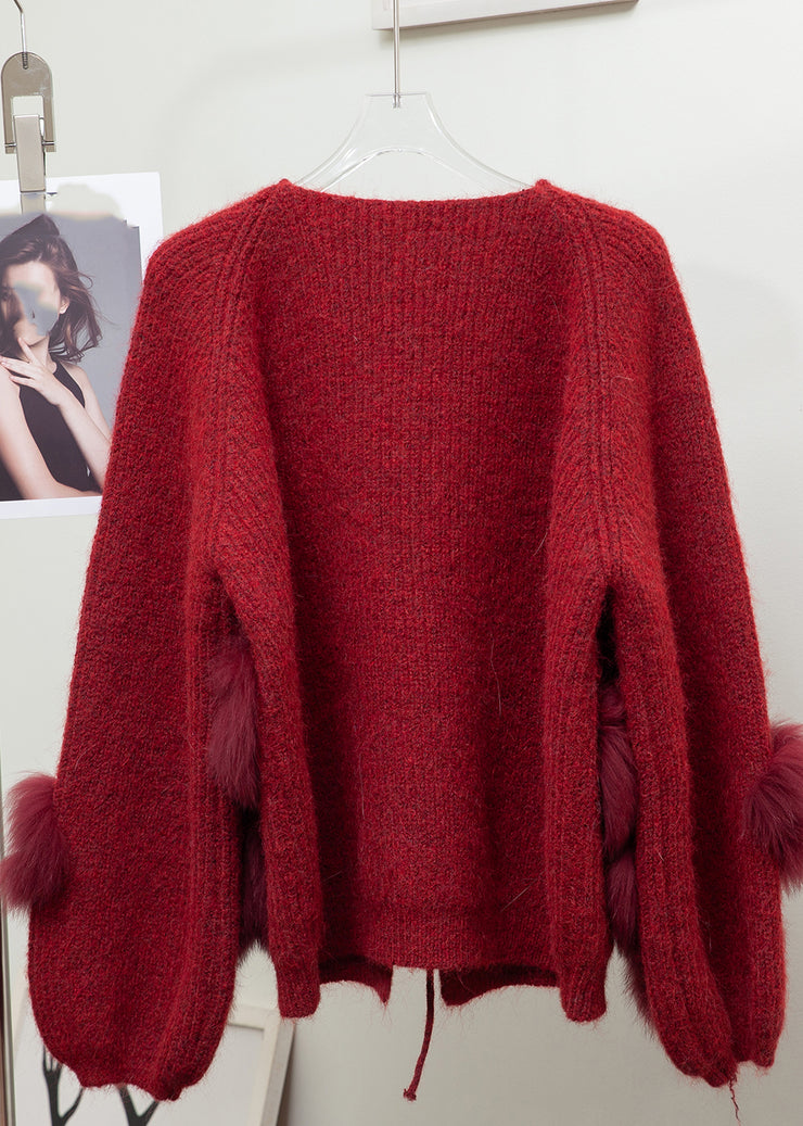 Lantern Red V Neck Floral Tie Waist Mink Hair Knitted Cardigan Long Sleeve