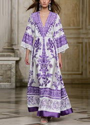 Lavender Print Silk Maxi Dresses Exra Large Hem Bracelet Sleeve