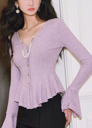 Lavender Silm Fit Knit Cardigan Ruffled Flare Sleeve