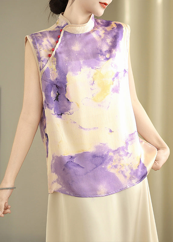 Lavender Tie Dye Silk Vests Chinese Button Sleeveless