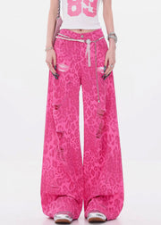 Leopard Rose Hole Pockets High Waist Denim Pants Summer