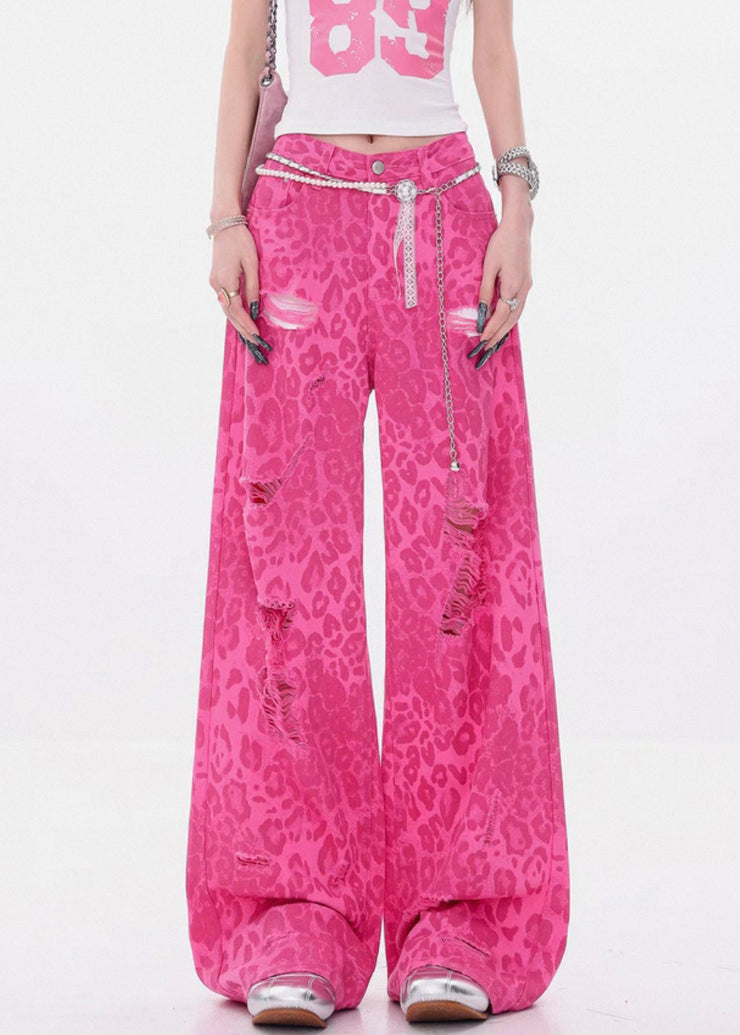 Leopard Rose Hole Pockets High Waist Denim Pants Summer