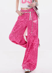 Leopard Rose Hole Pockets High Waist Denim Pants Summer