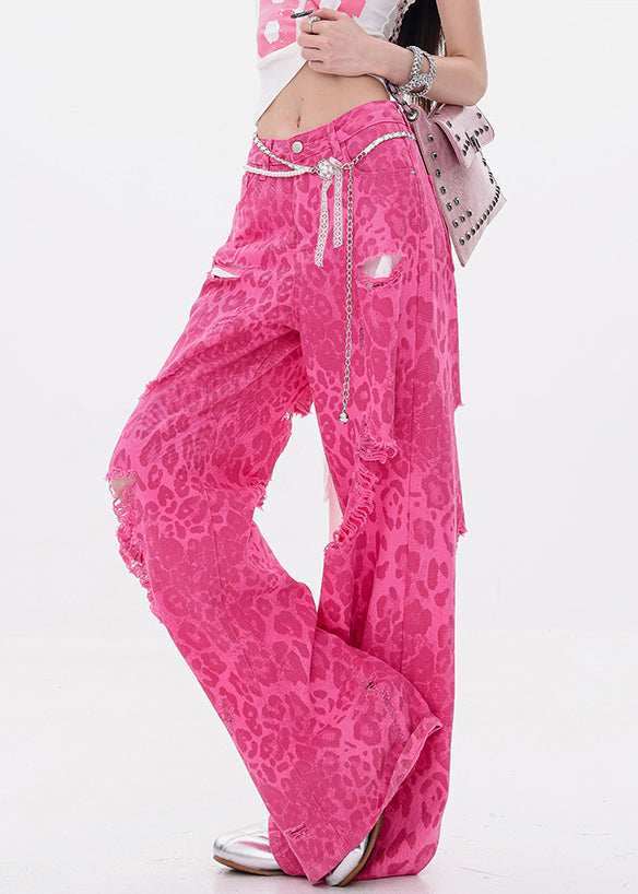 Leopard Rose Hole Pockets High Waist Denim Pants Summer