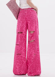 Leopard Rose Hole Pockets High Waist Denim Pants Summer