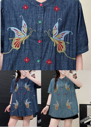 Light Blue Butterfly Denim Shirt Tops Embroidered Summer