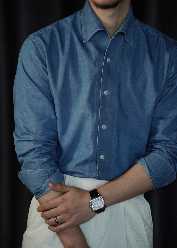 Light Blue Button Denim Men Shirts Peter Pan Collar Long Sleeve