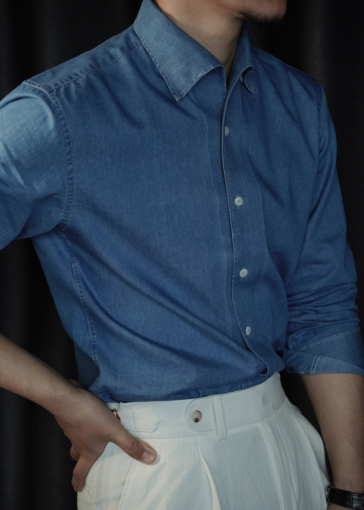 Light Blue Button Denim Men Shirts Peter Pan Collar Long Sleeve