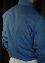 Light Blue Button Denim Men Shirts Peter Pan Collar Long Sleeve