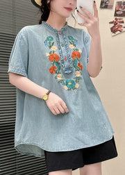 Light Blue Denim Blouses Ruffled Embroidered Summer