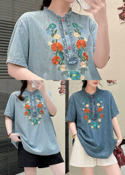 Light Blue Denim Blouses Ruffled Embroidered Summer