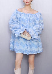 Light Blue Dreamy Rose Embellished Cold Shoulder Top Puffed Sleeves