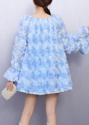 Light Blue Dreamy Rose Embellished Cold Shoulder Top Puffed Sleeves