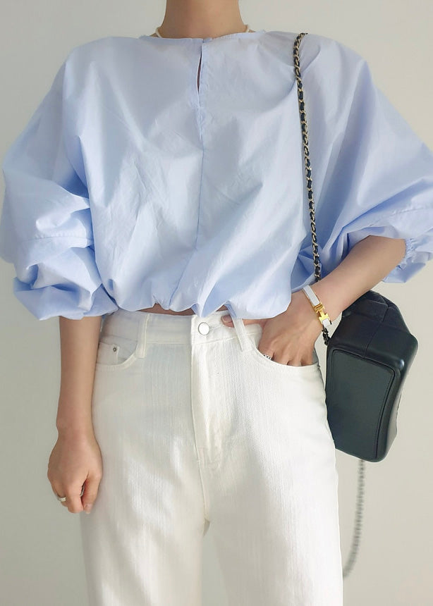 Light Blue Hollow Out Loose Shirts O-Neck Puff Sleeve