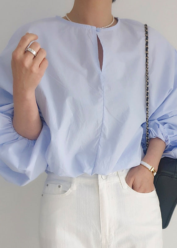 Light Blue Hollow Out Loose Shirts O-Neck Puff Sleeve