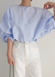 Light Blue Hollow Out Loose Shirts O-Neck Puff Sleeve