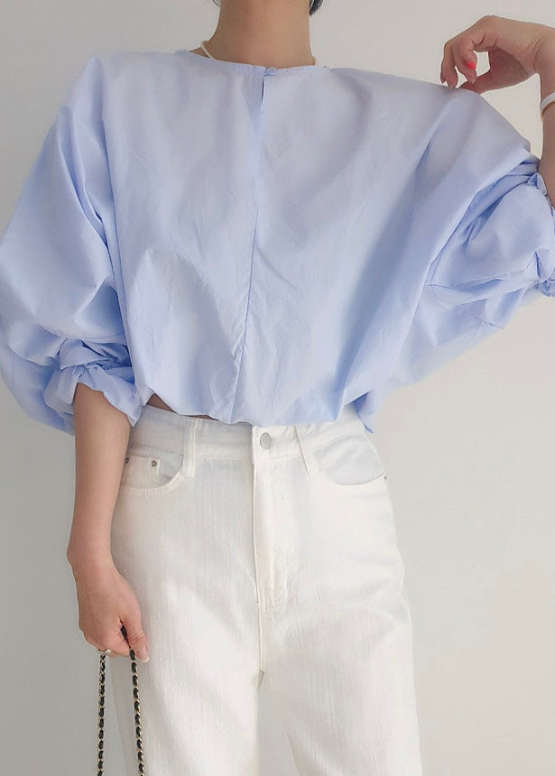 Light Blue Hollow Out Loose Shirts O-Neck Puff Sleeve