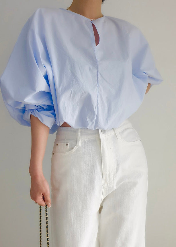 Light Blue Hollow Out Loose Shirts O-Neck Puff Sleeve