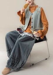 Light Blue O-Neck Waistcoat ,Top And JeansThree Pieces Set Sleeveless