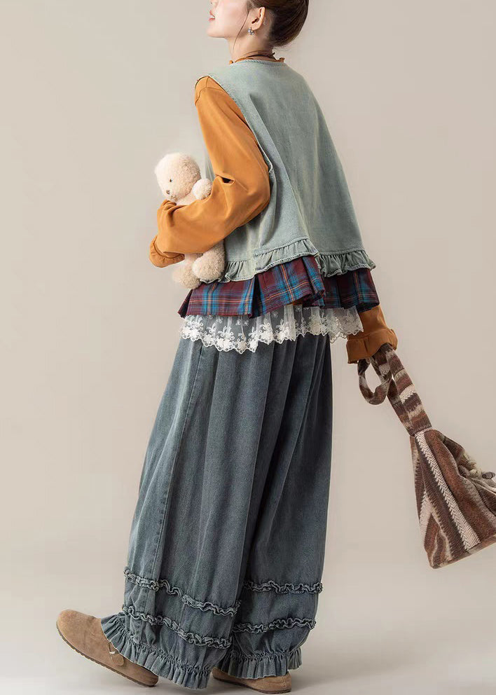 Light Blue O-Neck Waistcoat ,Top And JeansThree Pieces Set Sleeveless