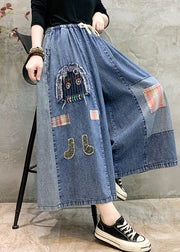 Light Blue Patchwork Applique Denim Pants Embroidered Summer