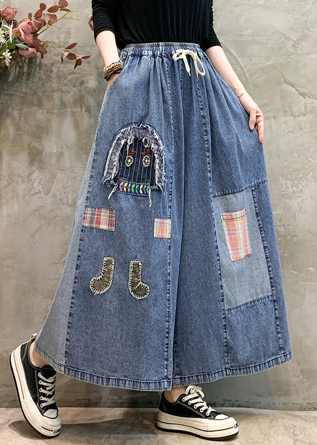 Light Blue Patchwork Applique Denim Pants Embroidered Summer