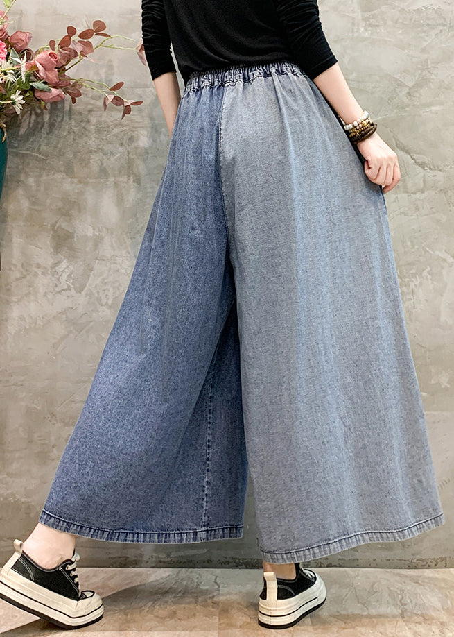 Light Blue Patchwork Applique Denim Pants Embroidered Summer