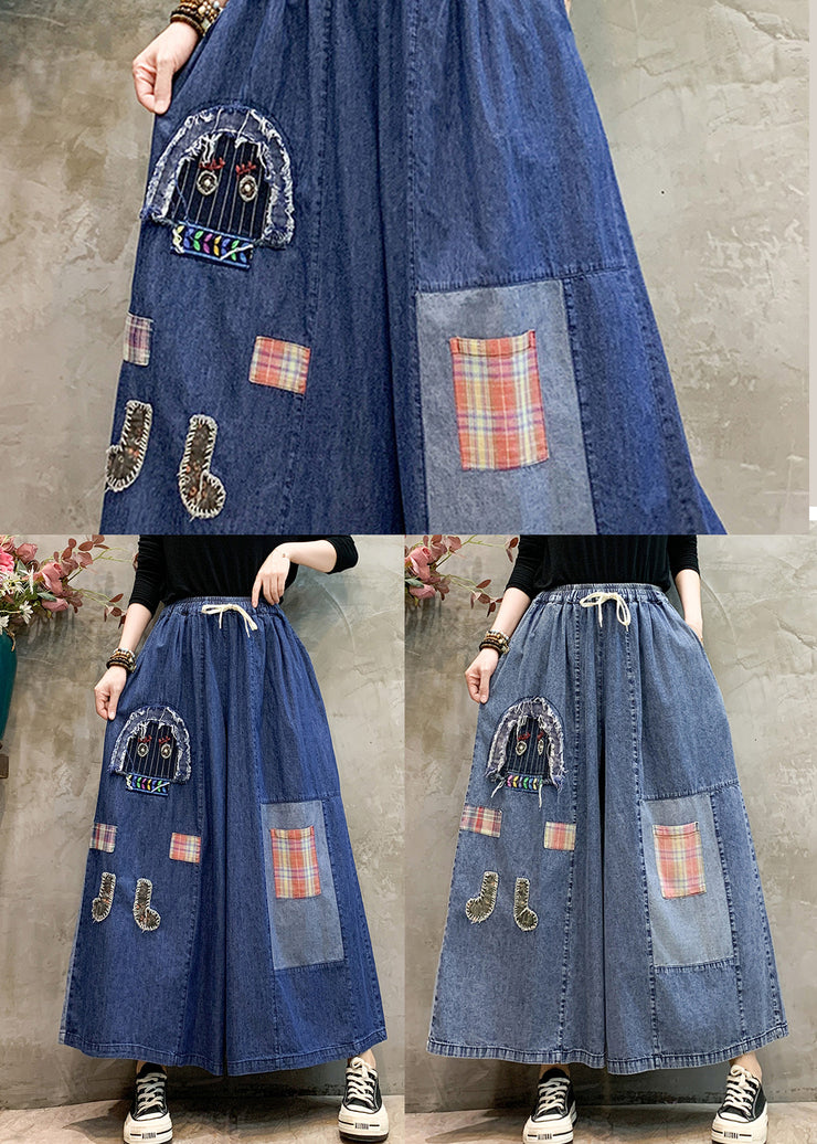 Light Blue Patchwork Applique Denim Pants Embroidered Summer