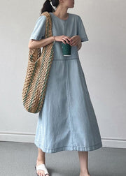 Light Blue Pockets High Waist Denim Long Dresses O Neck