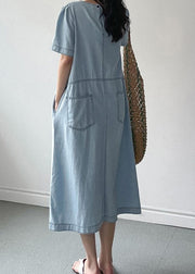 Light Blue Pockets High Waist Denim Long Dresses O Neck