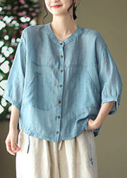 Light Blue Pockets Linen Shirt Tops Solid Color Drawstring Bracelet Sleeve