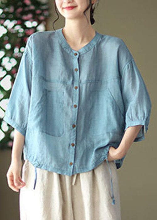Light Blue Pockets Linen Shirt Tops Solid Color Drawstring Bracelet Sleeve