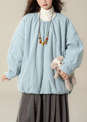 Light Blue Pockets Oversized Cotton Filled Winter Parkas O Neck