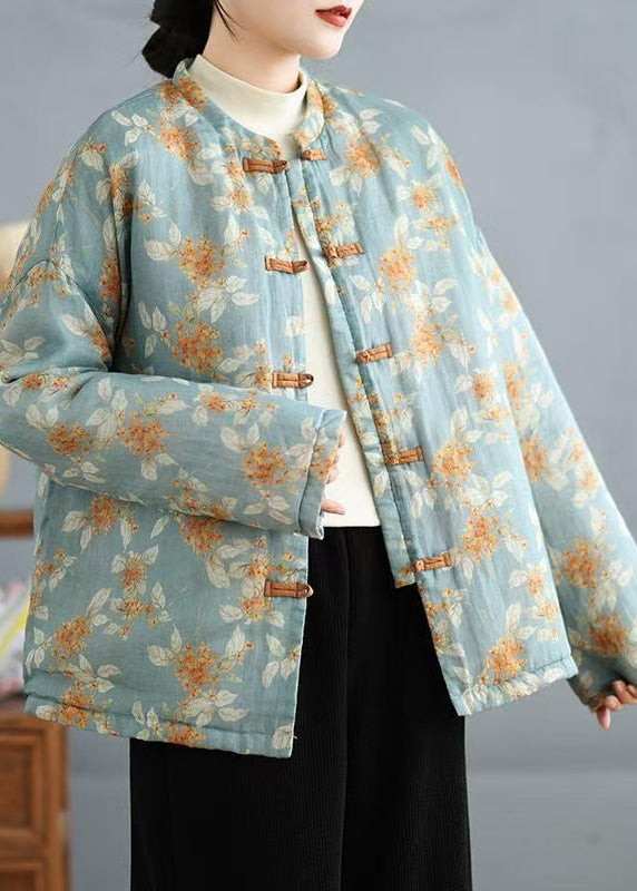 Light Blue Print Fine Cotton Filled Coats Vintage Stand Collar Spring
