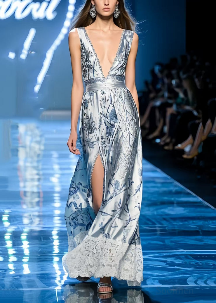 Light Blue Print Silm Fit Party Dress Deep-V Side Open Sleeveless