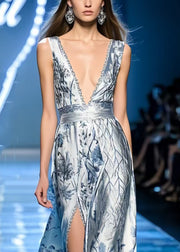 Light Blue Print Silm Fit Party Dress Deep-V Side Open Sleeveless