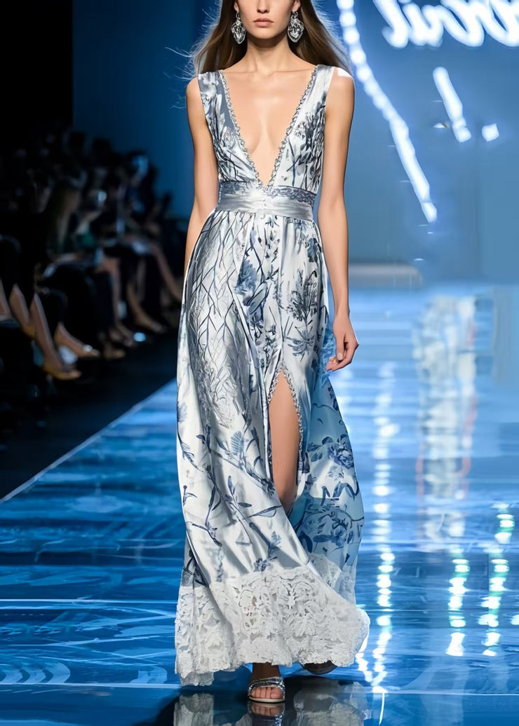 Light Blue Print Silm Fit Party Dress Deep-V Side Open Sleeveless
