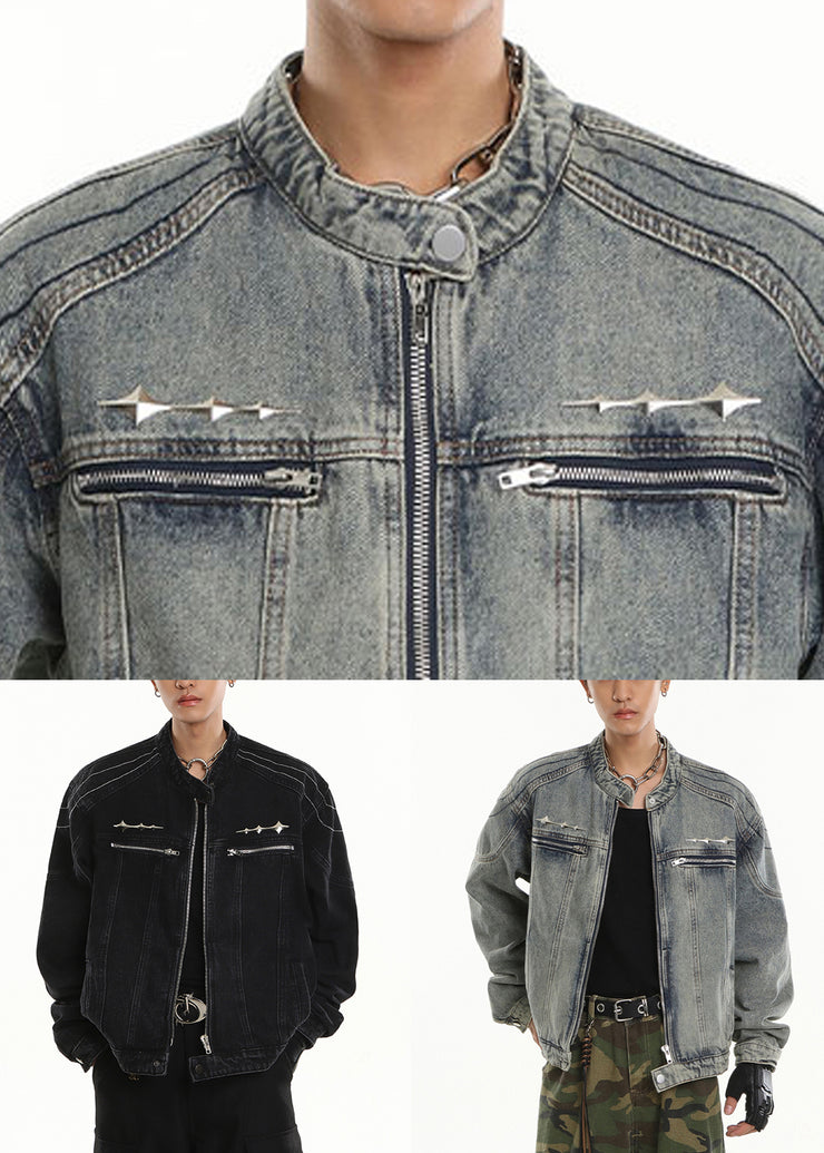 Light Blue Zip Up Pockets Fall Denim Men Coat Stand Collar