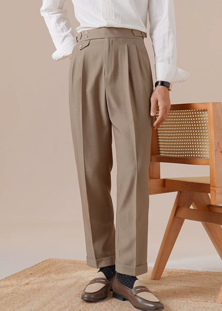 Light Brown Wrinkled Pockets Spandex Men Pants High Waist