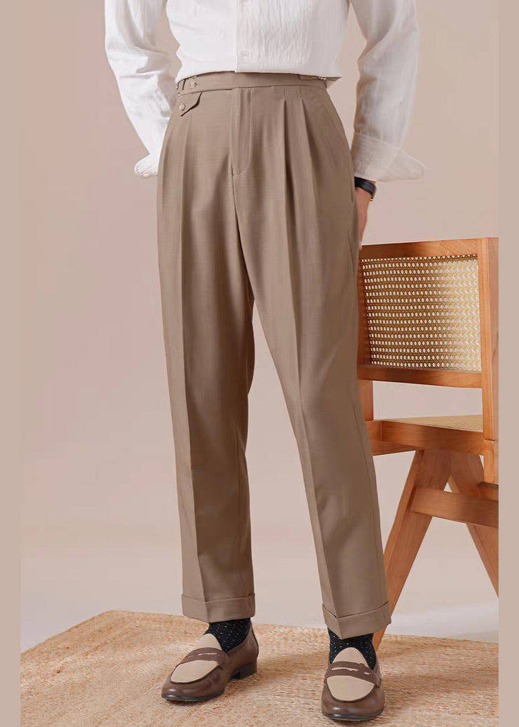 Light Brown Wrinkled Pockets Spandex Men Pants High Waist