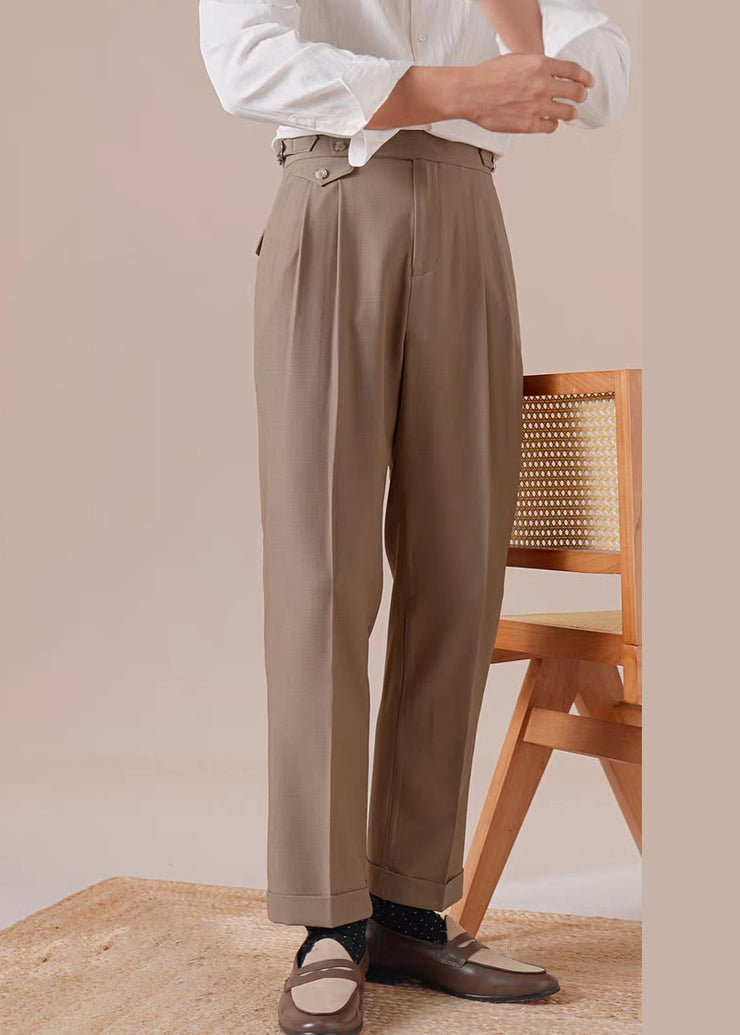 Light Brown Wrinkled Pockets Spandex Men Pants High Waist