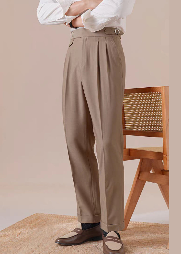 Light Brown Wrinkled Pockets Spandex Men Pants High Waist
