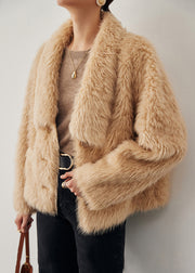 Light Camel Pockets Solid Woolen Winter Coats V Neck