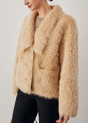 Light Camel Pockets Solid Woolen Winter Coats V Neck