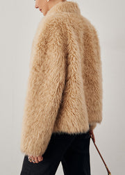 Light Camel Pockets Solid Woolen Winter Coats V Neck