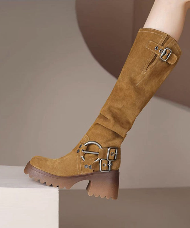 Light Camel Splicing Buckle Suede Chunky Heel Boots